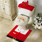 Bathroom set with Santa Claus-themed toilet cover, seat cover, and rug.