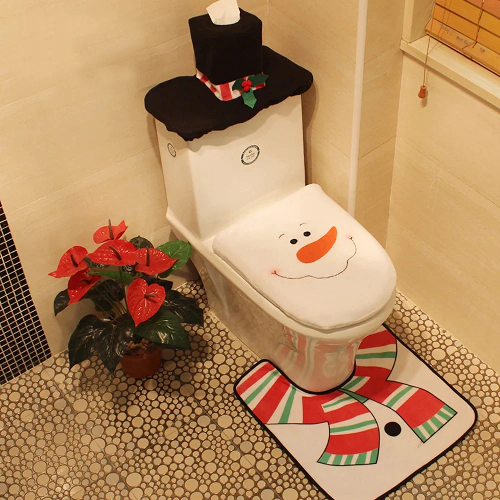 Bathroom with Christmas-themed toilet cover and rug