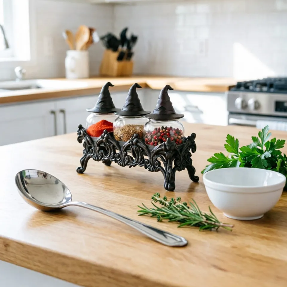 A three-spice jar set with witch hat lids displayed on an ornate black stand on a wooden kitchen countertop, surrounded by a silver spoon, fresh parsley, rosemary, and a white bowl.