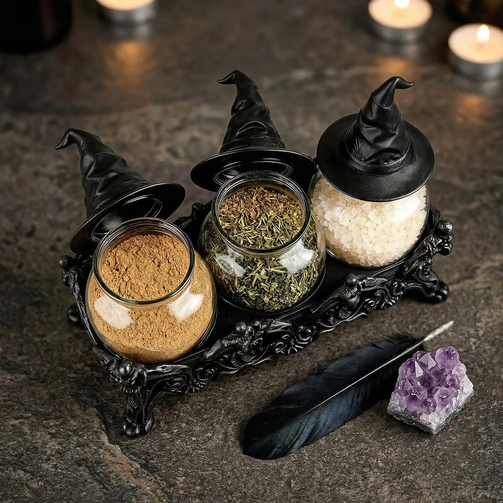Spice jars with witch hats on a dark surface with decorative elements.