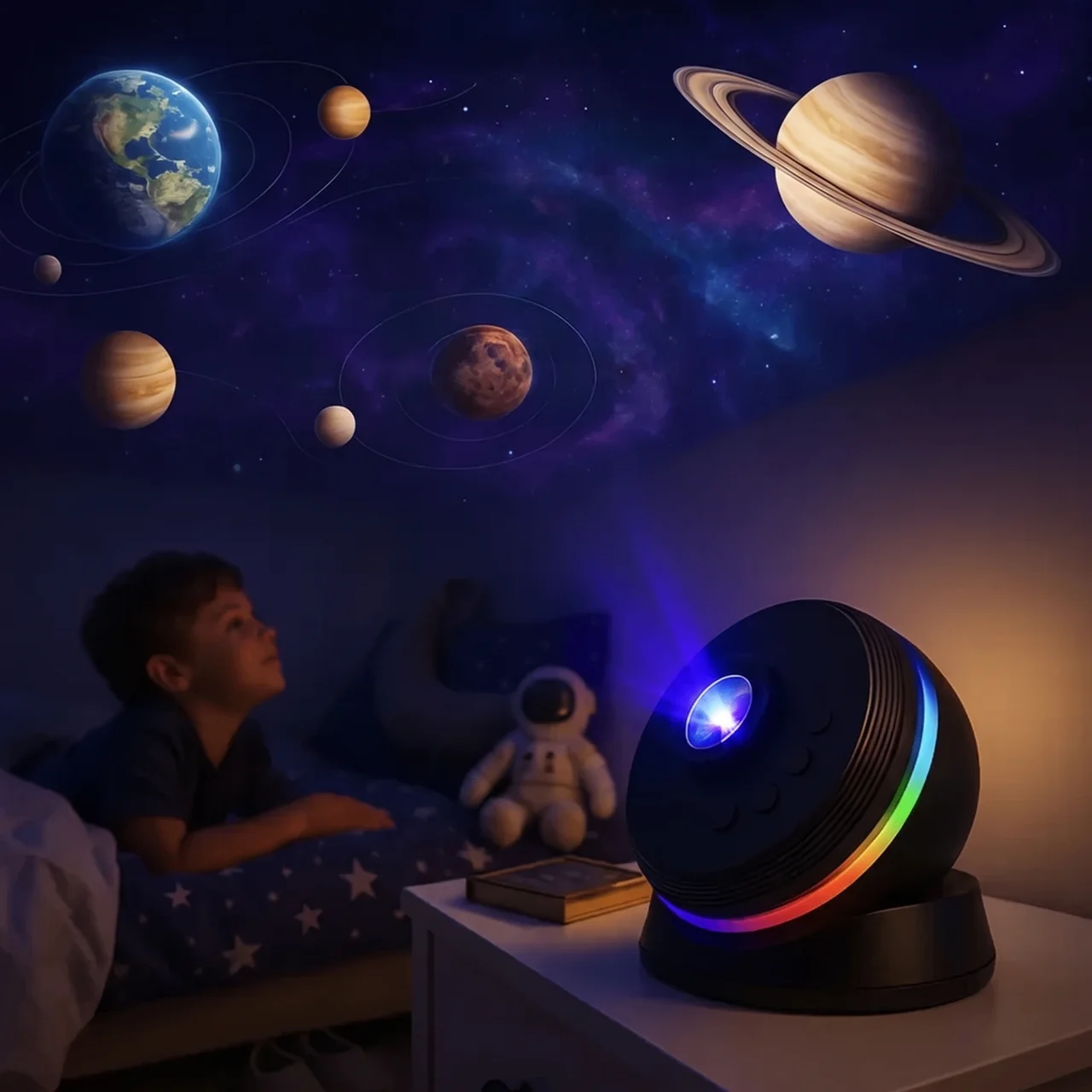 A children's bedroom scene with a boy lying in bed looking up at a projected space scene on the wall. The room is dimly lit, and a black spherical projector with a rainbow light ring sits on a bedside table, casting a galaxy of blue, purple, and pink light across the wall with planets and stars.