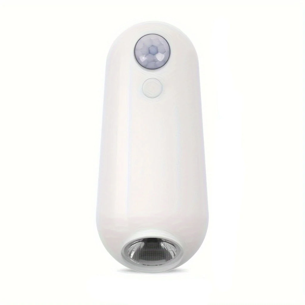 A white handheld beauty device with a rounded teardrop shape, featuring a circular purple-tinted window at the top, a small round button, and a metallic silver opening at the bottom, shown on a plain white background.