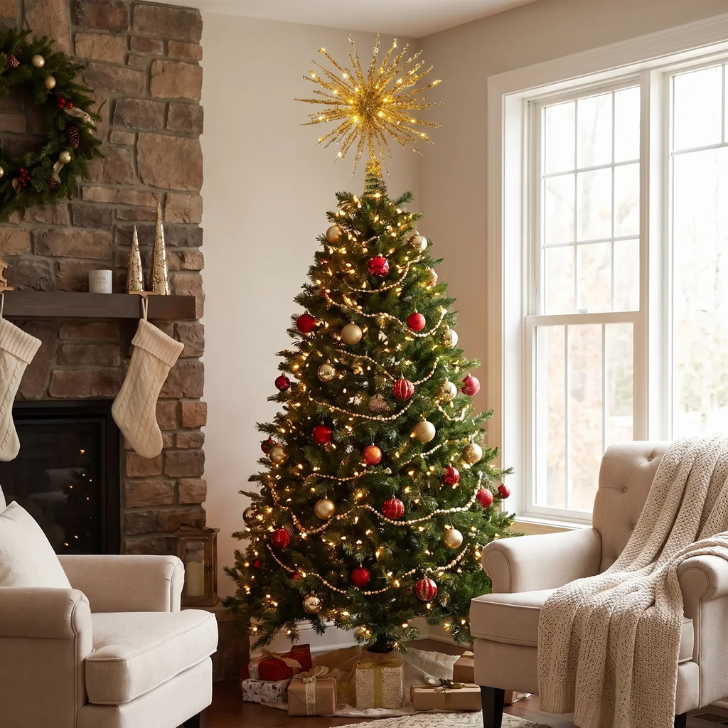 A decorated Christmas tree stands in a cozy living room corner beside a stone fireplace and large window. The tree is lit with warm white lights and adorned with red and gold ornaments, wrapped in gold garland, and topped with a large gold star tree topper.