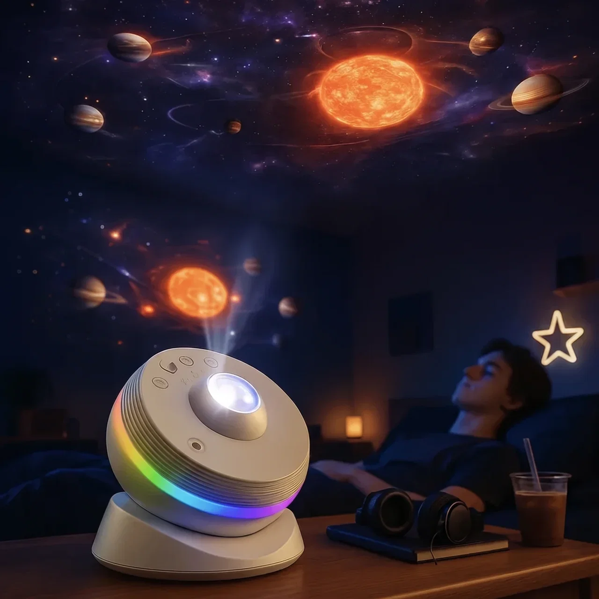 A small round projector lamp sits on a table in a bedroom, casting a colorful light onto the ceiling where a sleeping person and a star-shaped night light are visible against a dark room.
