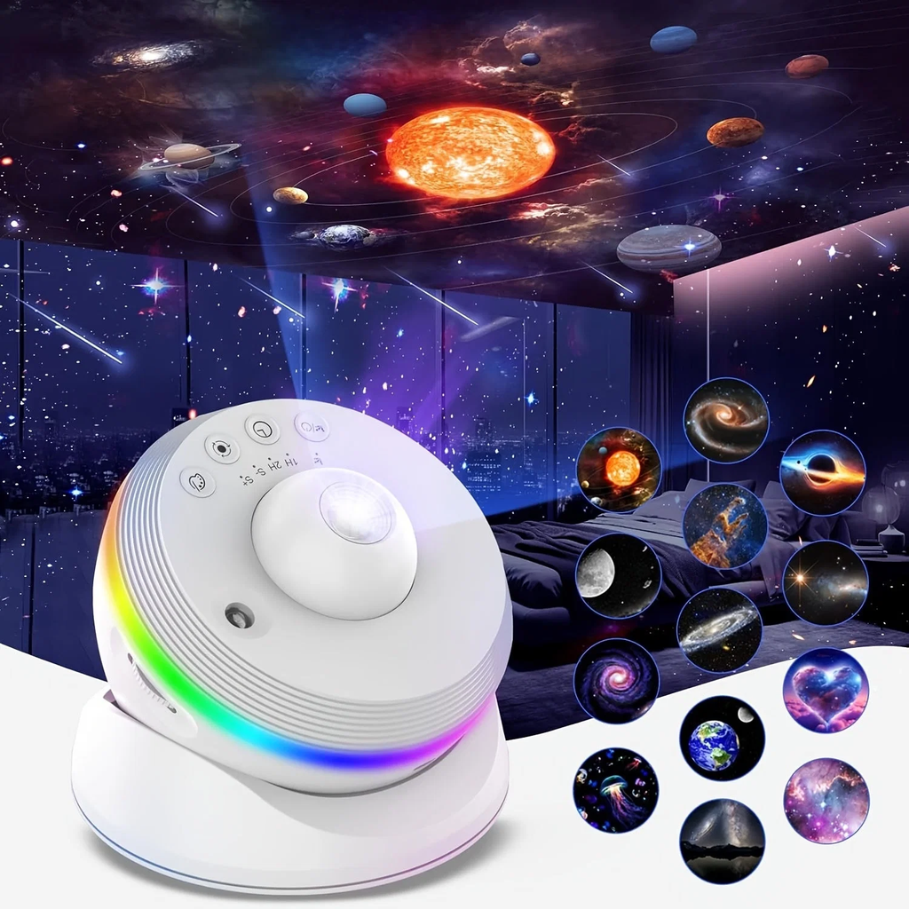 A white galaxy projector lamp shown on a white surface, with colorful projected light beams and a starry space ceiling above. The image includes circular inset graphics showing different galaxy and space patterns, and a bedroom scene in the background with a bed under a starry sky.