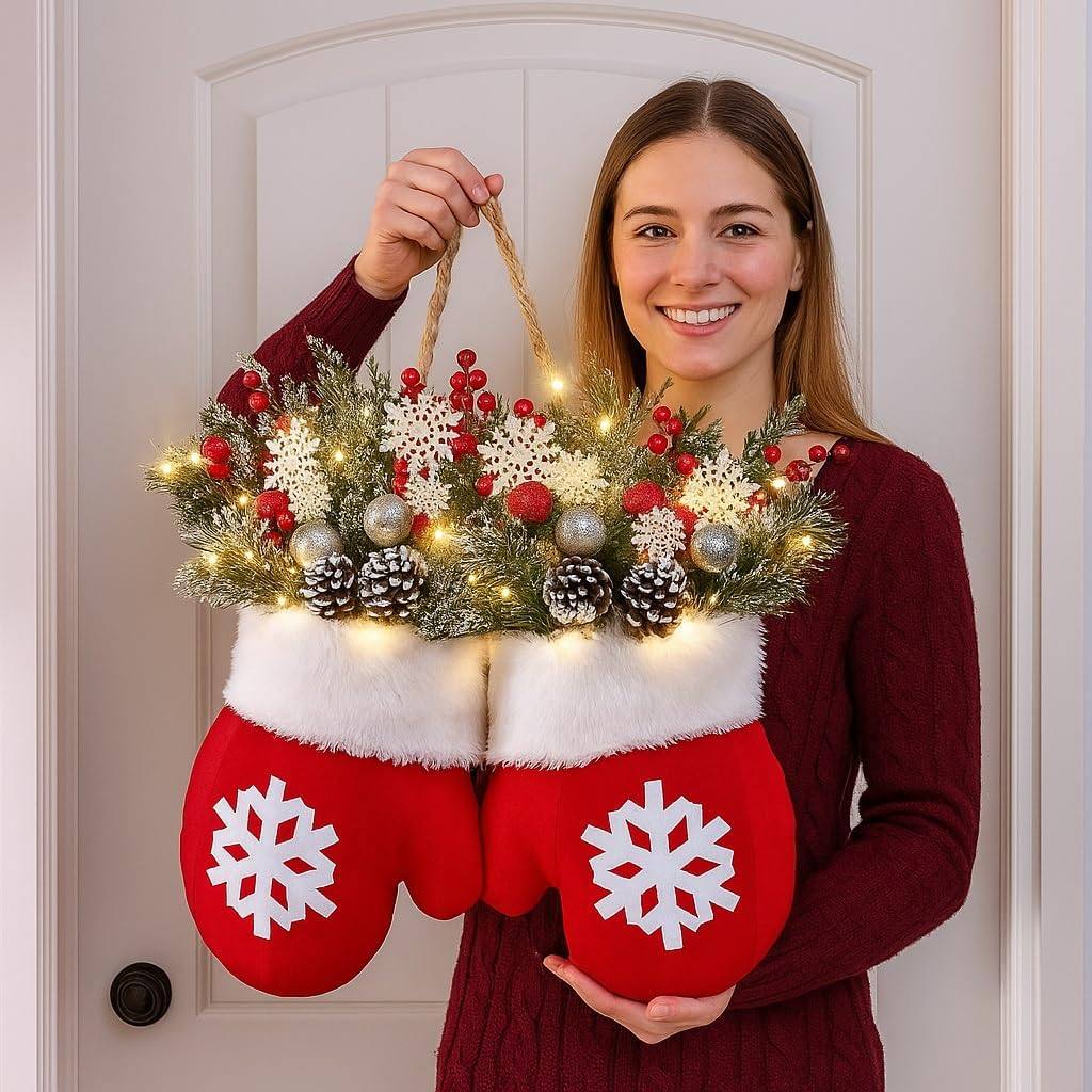 Person holding a decorative hanging with red mittens and Christmas elements against a white door.