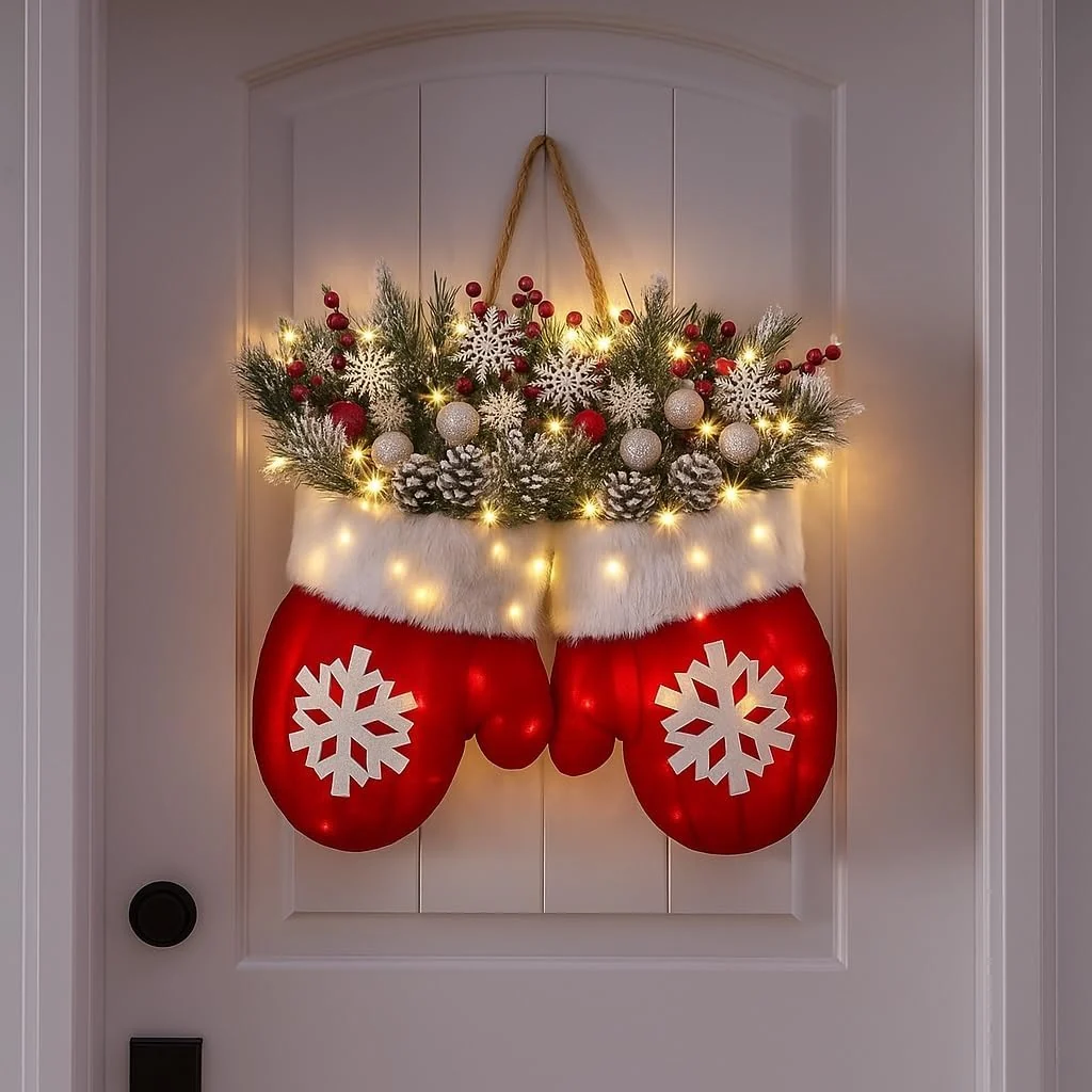 A festive Christmas wreath hanging on a white front door. The wreath features a red stocking-shaped lower section with white snowflake details, a white faux-fur trim, and a top section made of green pine branches, white snowflakes, pinecones, and warm white string lights with red berry accents.