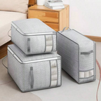 Set of gray storage bags with clear panels on a light-colored floor.