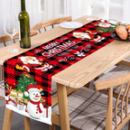 Christmas-themed table runner with Santa Claus and snowman on a dining table.