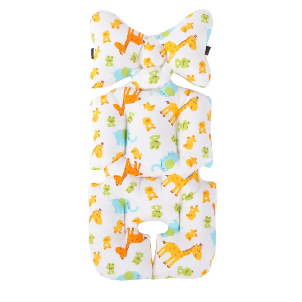 A baby support pillow set with a white background and a colorful animal print featuring orange giraffes, green monkeys, and blue elephants, shown on a plain white background.