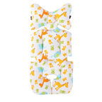 A baby support pillow set with a white background and a colorful animal print featuring orange giraffes, green monkeys, and blue elephants, shown on a plain white background.
