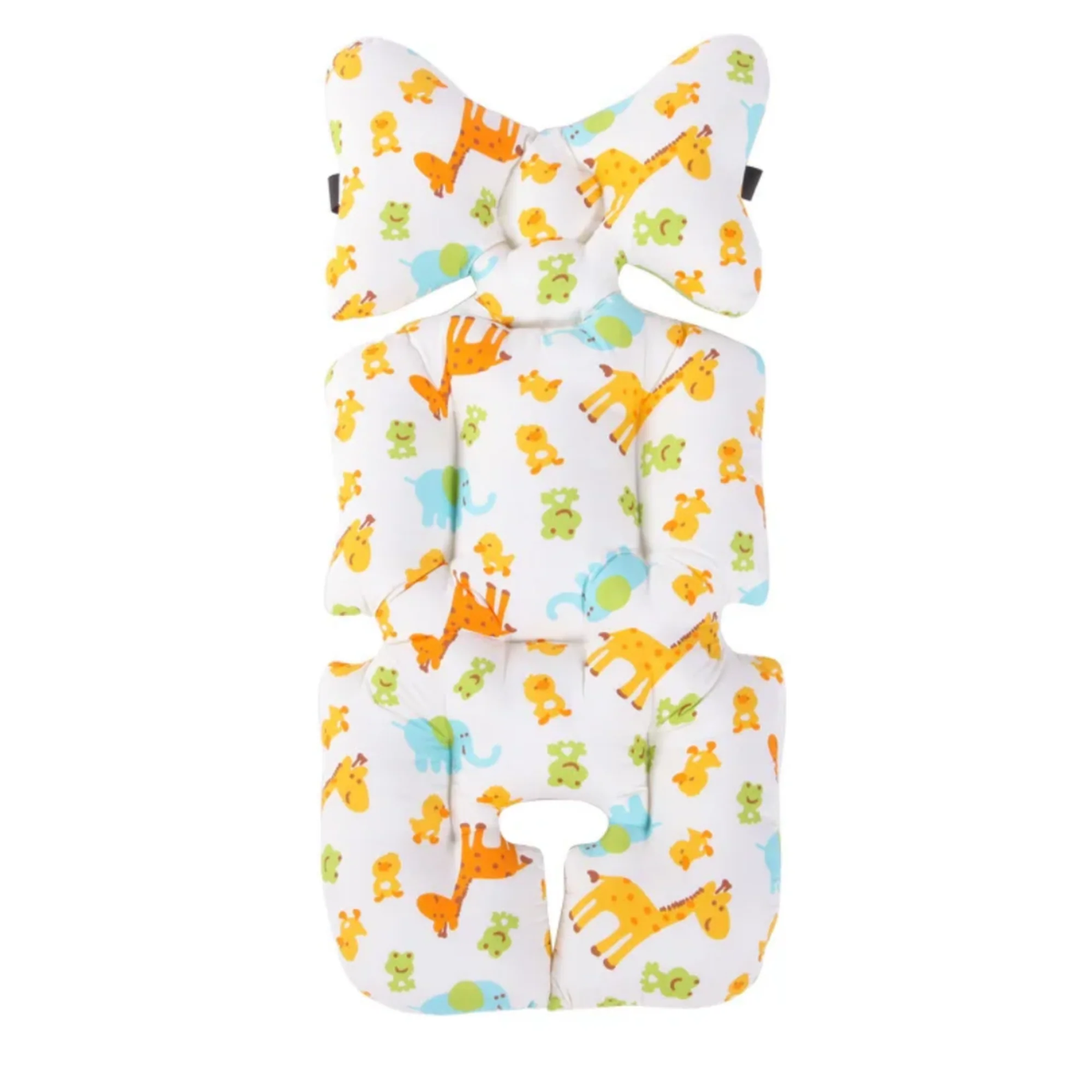 A baby support pillow set with a white background and a colorful animal print featuring orange giraffes, green monkeys, and blue elephants, shown on a plain white background.