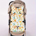 A padded baby stroller cushion set with a white background and a colorful cartoon animal print, shown installed inside a stroller against a plain light background.