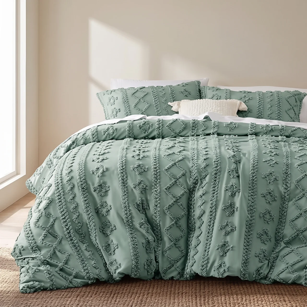 A sage green textured comforter set with matching pillow shams and a small white accent pillow, styled on a bed in a softly lit bedroom.