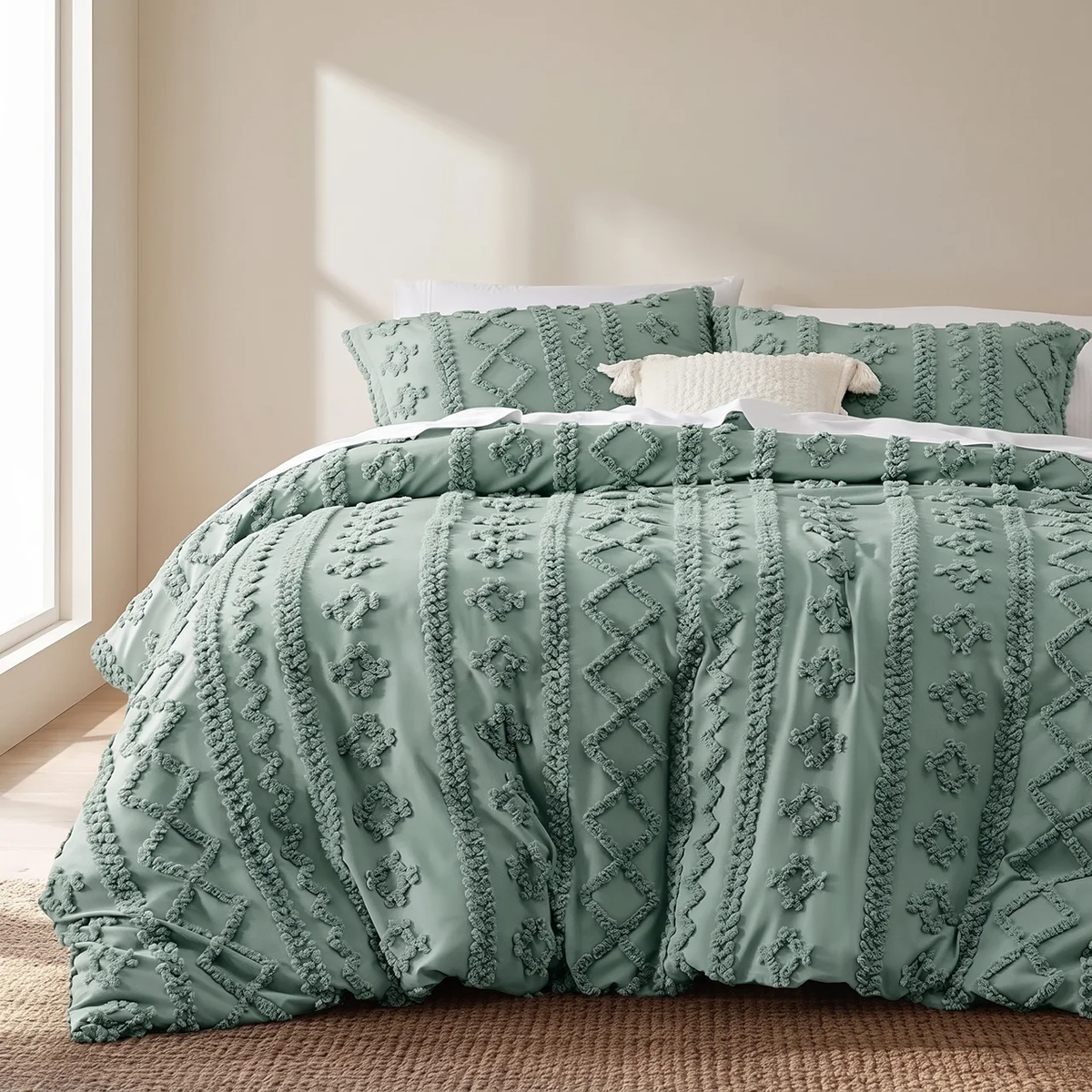 A sage green textured comforter set with matching pillow shams and a small white accent pillow, styled on a bed in a softly lit bedroom.