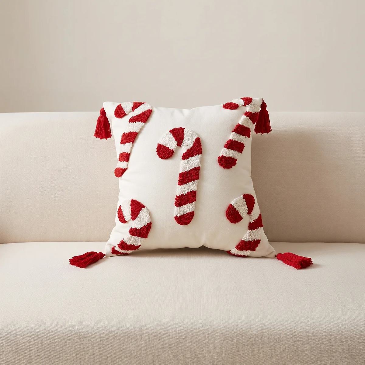Christmas Candy Cane Pillow Cover with Raised Embroidered Design