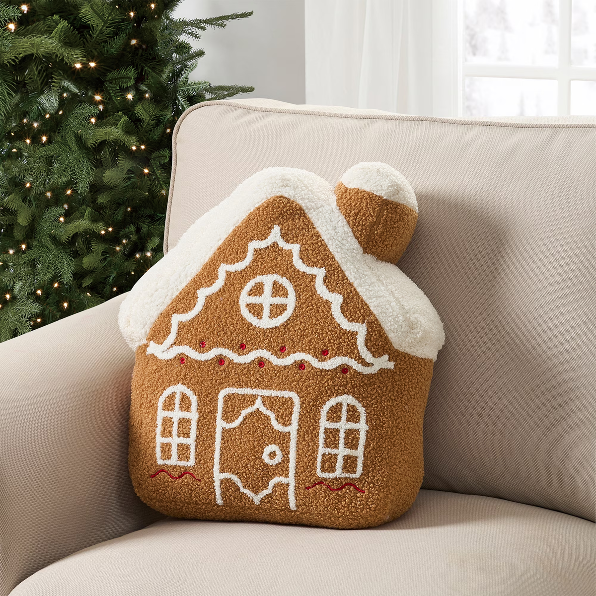 Gingerbread House Christmas Cushion 32cm Fleece with Embroidered Details