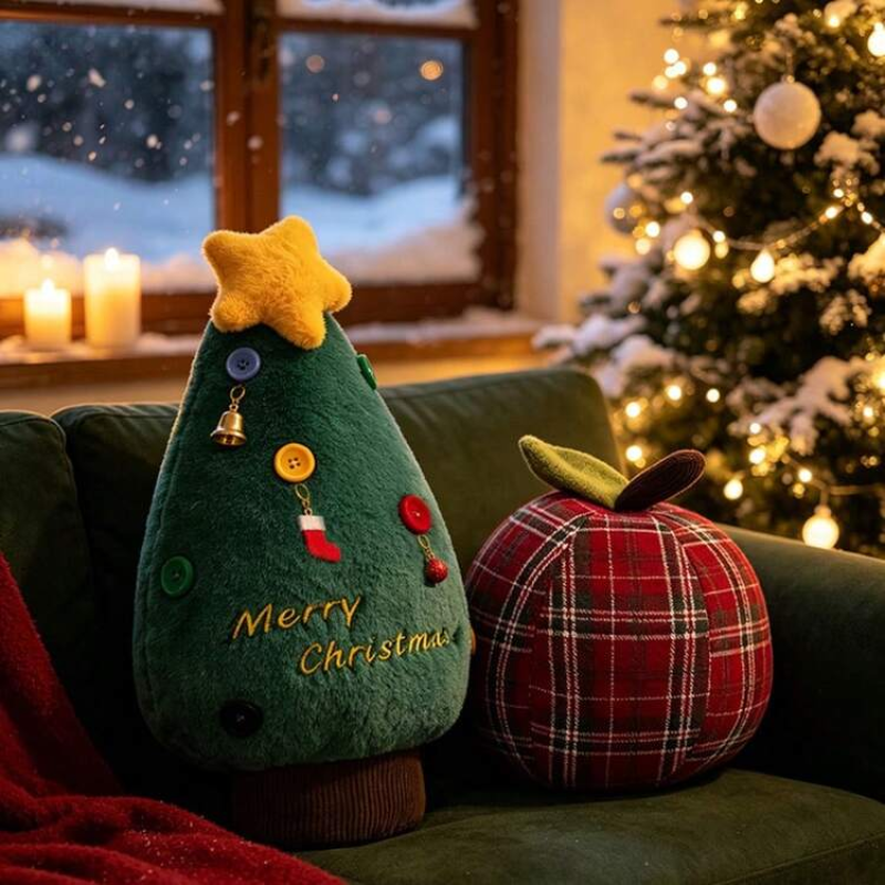 Festive Christmas Plush Figures with Candy Apple and Tree Designs
