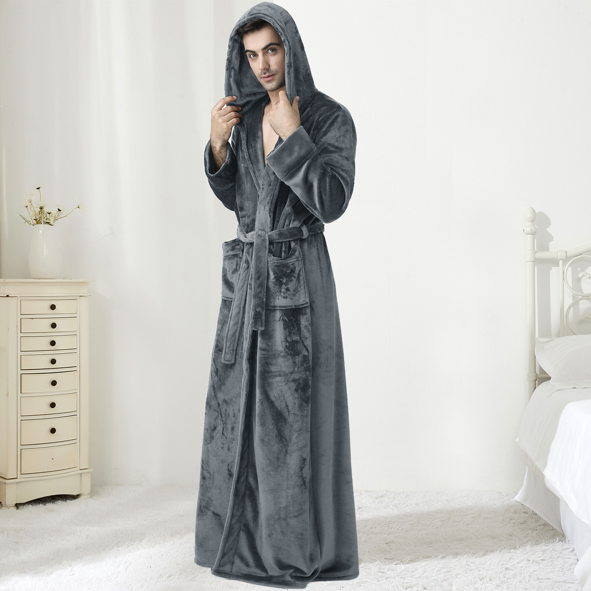 Men’s Hooded Plush Fleece Bathrobe – Soft Warm Robe for Home, Spa & Lounging