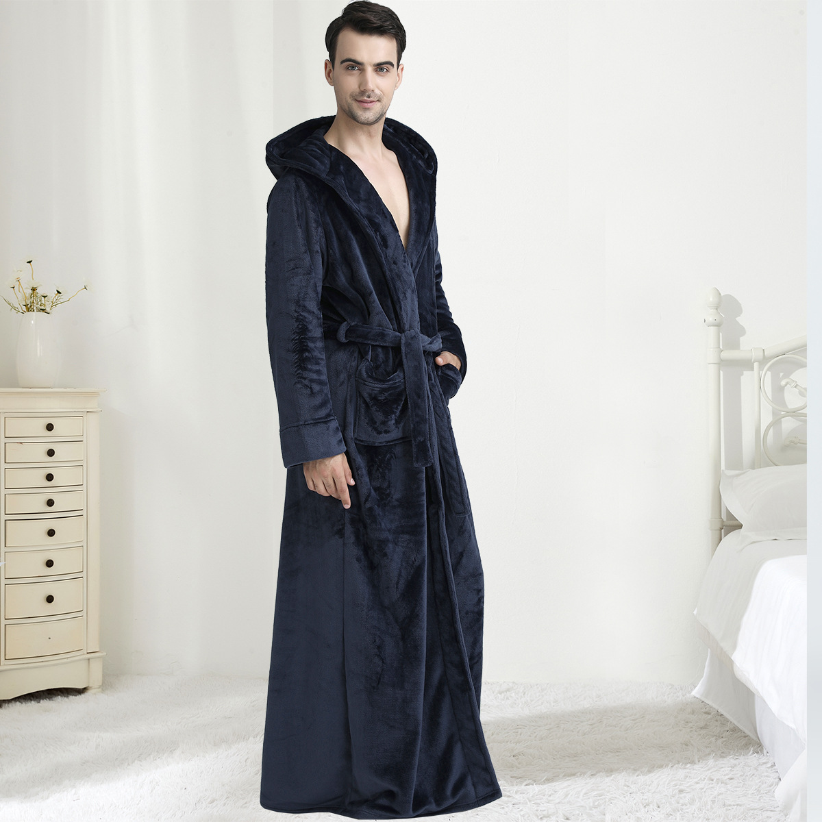 Men’s Hooded Plush Fleece Bathrobe – Soft Warm Robe for Home, Spa & Lounging