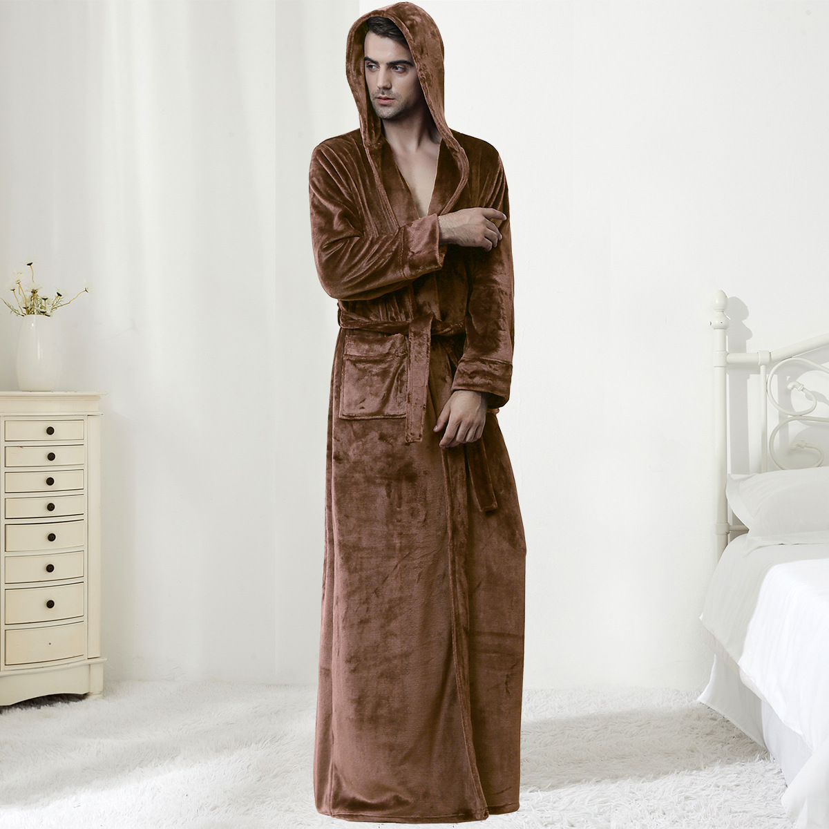 Men’s Hooded Plush Fleece Bathrobe – Soft Warm Robe for Home, Spa & Lounging