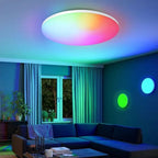 Living room with a colorful ceiling light fixture and RGB wall lights.