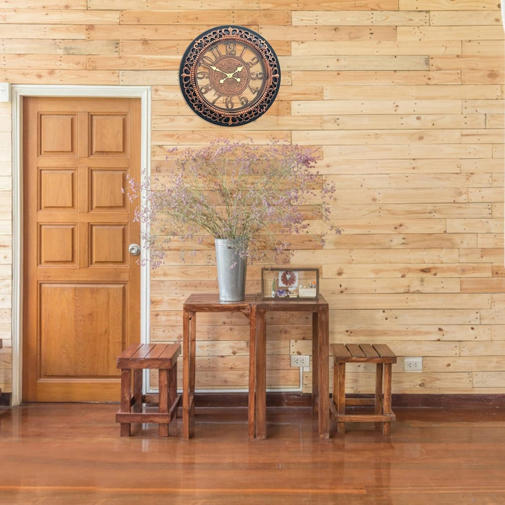 Wooden interior with a clock on the wall, table, and stools.