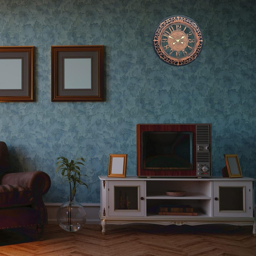 Vintage-style living room with a television, clock, and framed pictures on a textured blue wall.