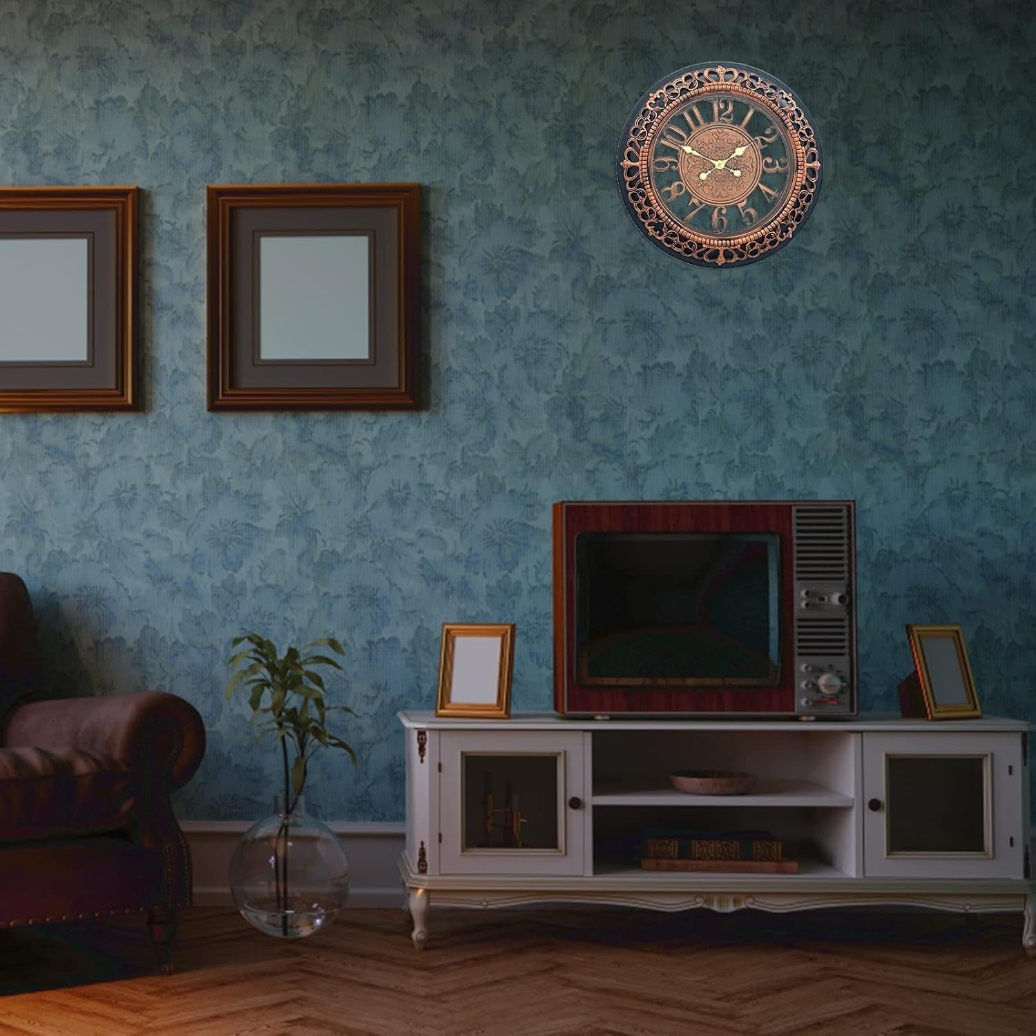 Vintage-style living room with a television, clock, and framed pictures on a textured blue wall.
