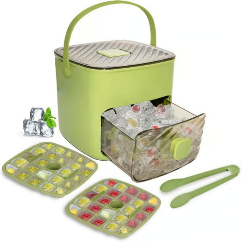 Green ice cube tray set with a container filled with ice cubes on a white background