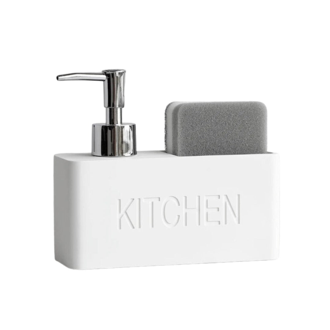 White kitchen sink caddy with soap dispenser and sponge on a white background