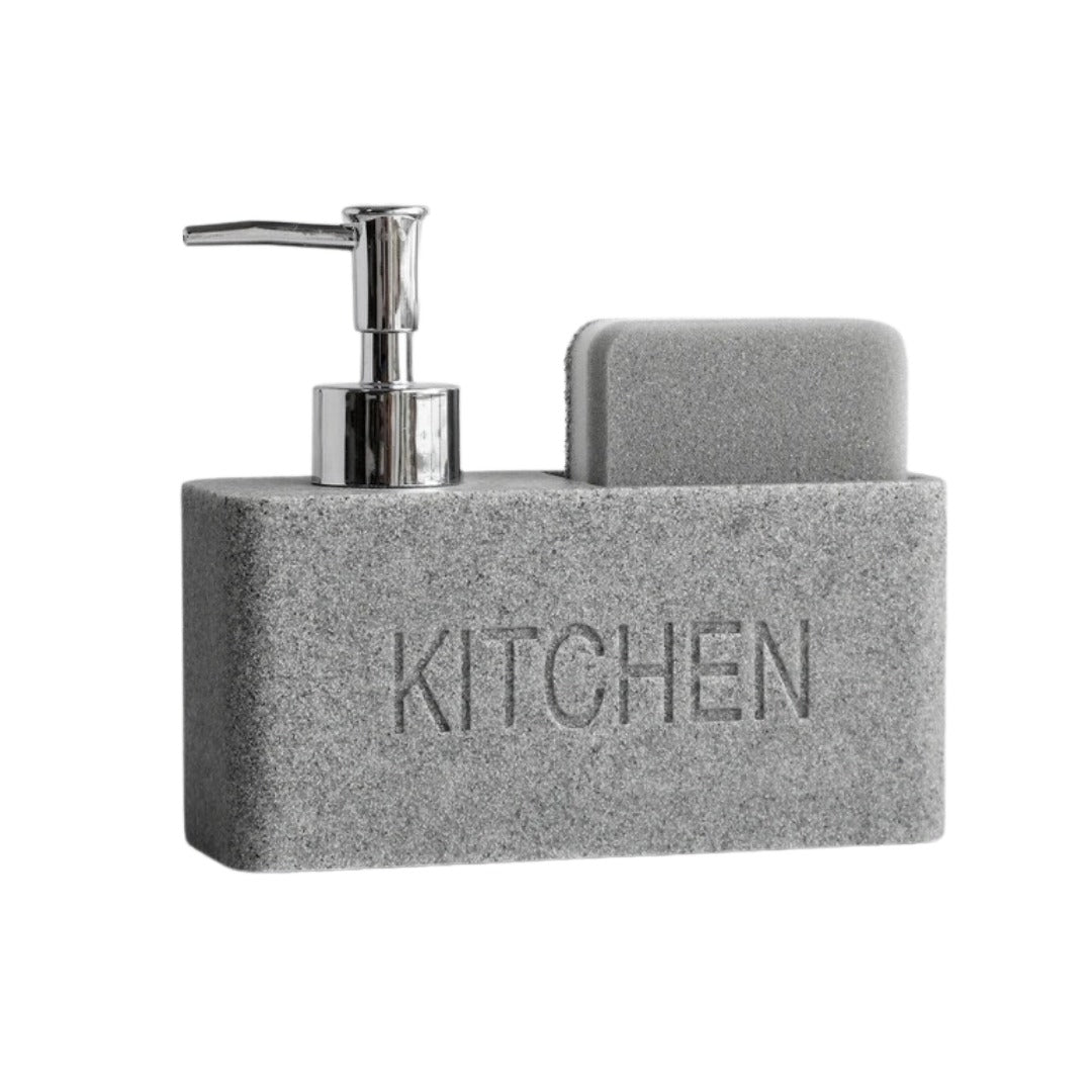 Gray soap dispenser with pump and sponge on a white background