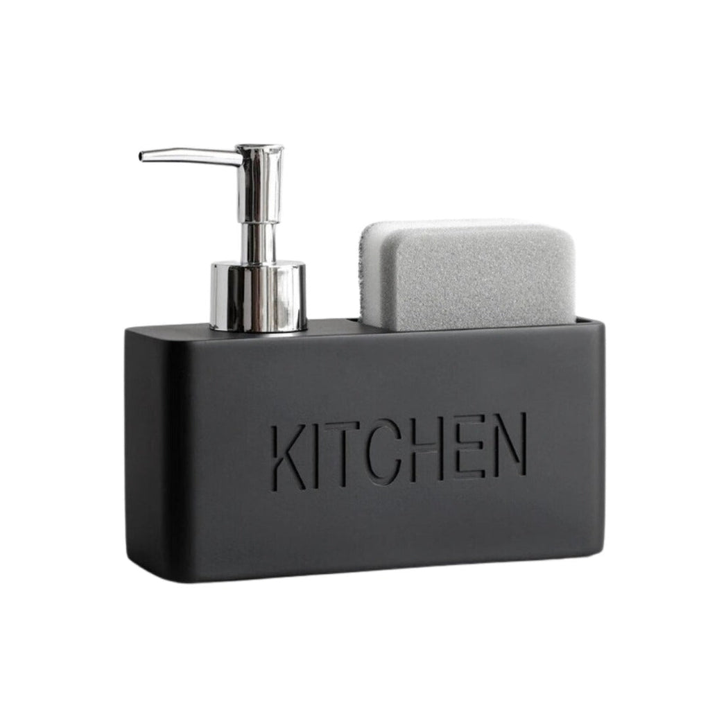 Black kitchen sink caddy with soap dispenser and sponge on a white background