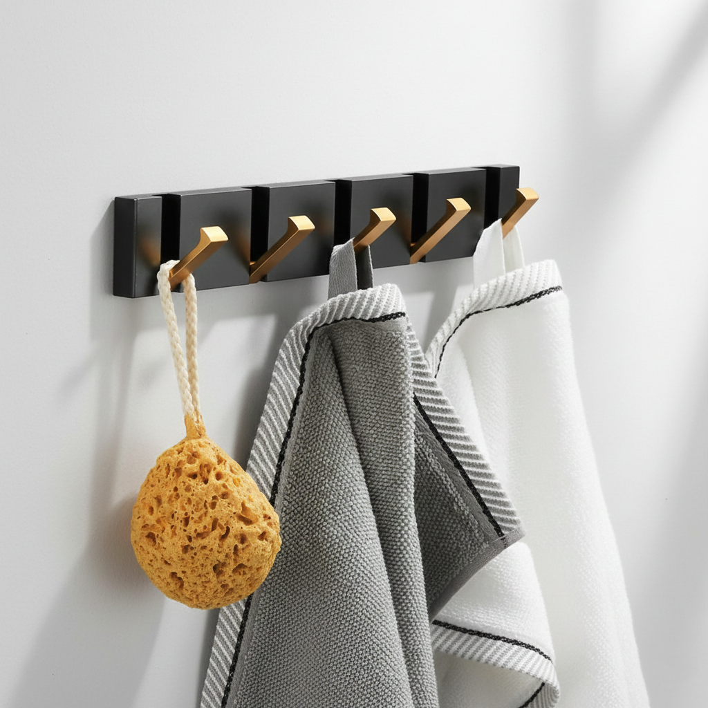 Black wall-mounted hook with gold hooks holding a sponge and towels on a white background