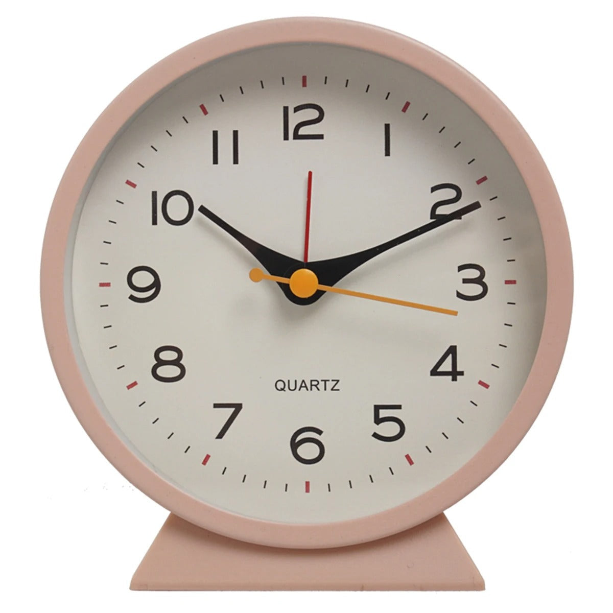 Pink clock with a white face on a white background