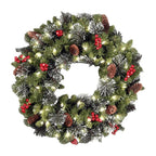Decorative Christmas wreath with lights, pinecones, and berries on a white background