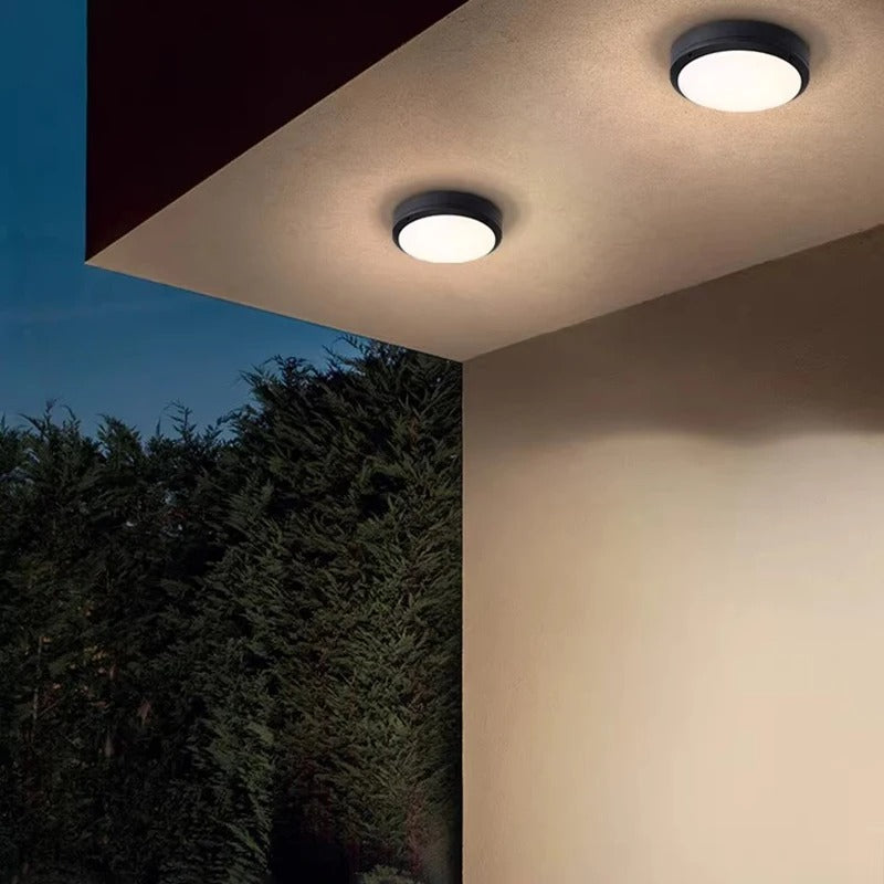 Two round recessed ceiling lights installed on a beige exterior ceiling, with dark green trees and a blue evening sky visible in the background.