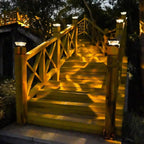 Wooden bridge with illuminated lights at night