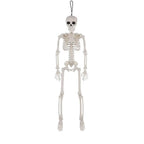 An off-white plastic hanging skeleton decoration with a black hanging loop at the top, shown on a white background with dimension lines indicating a height of 400mm (15.75in) and a width of 105mm (4.