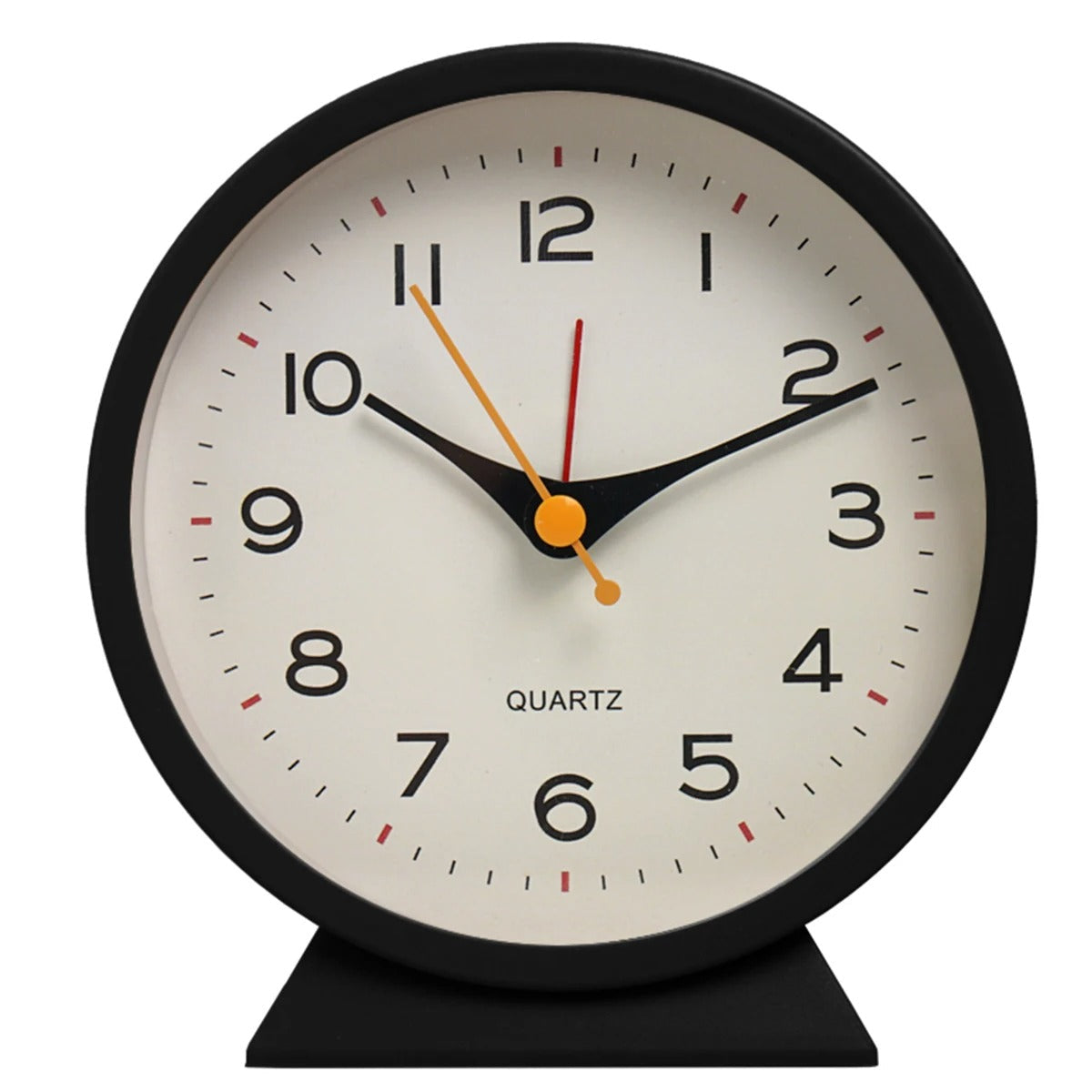 Round table clock with black frame and white face on a white background