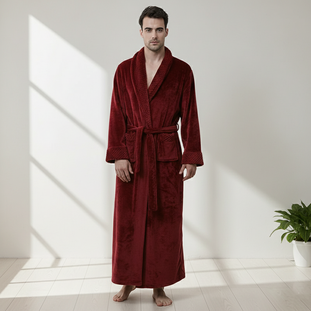 Man wearing a red robe standing in a bright room with a plant in the corner.