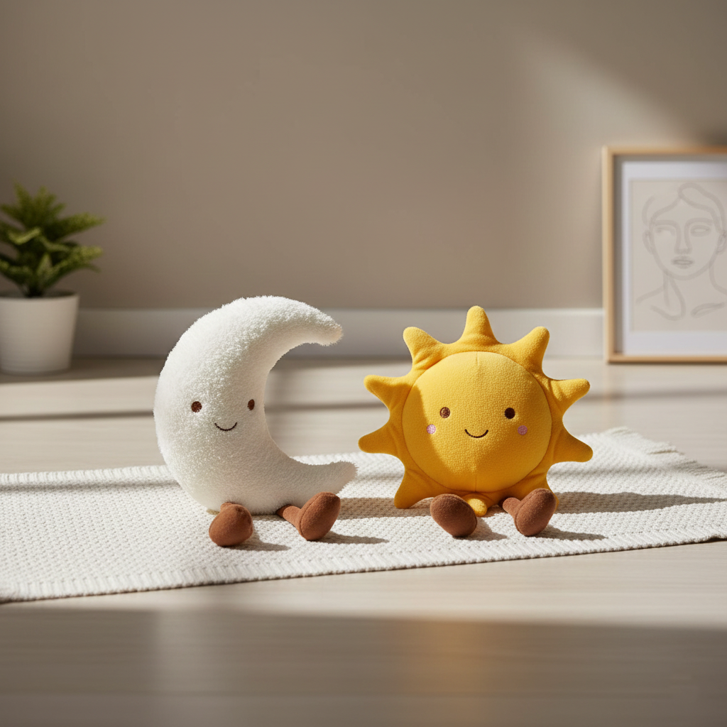 Plush toys shaped like a moon and sun on a light-colored rug with a neutral background.