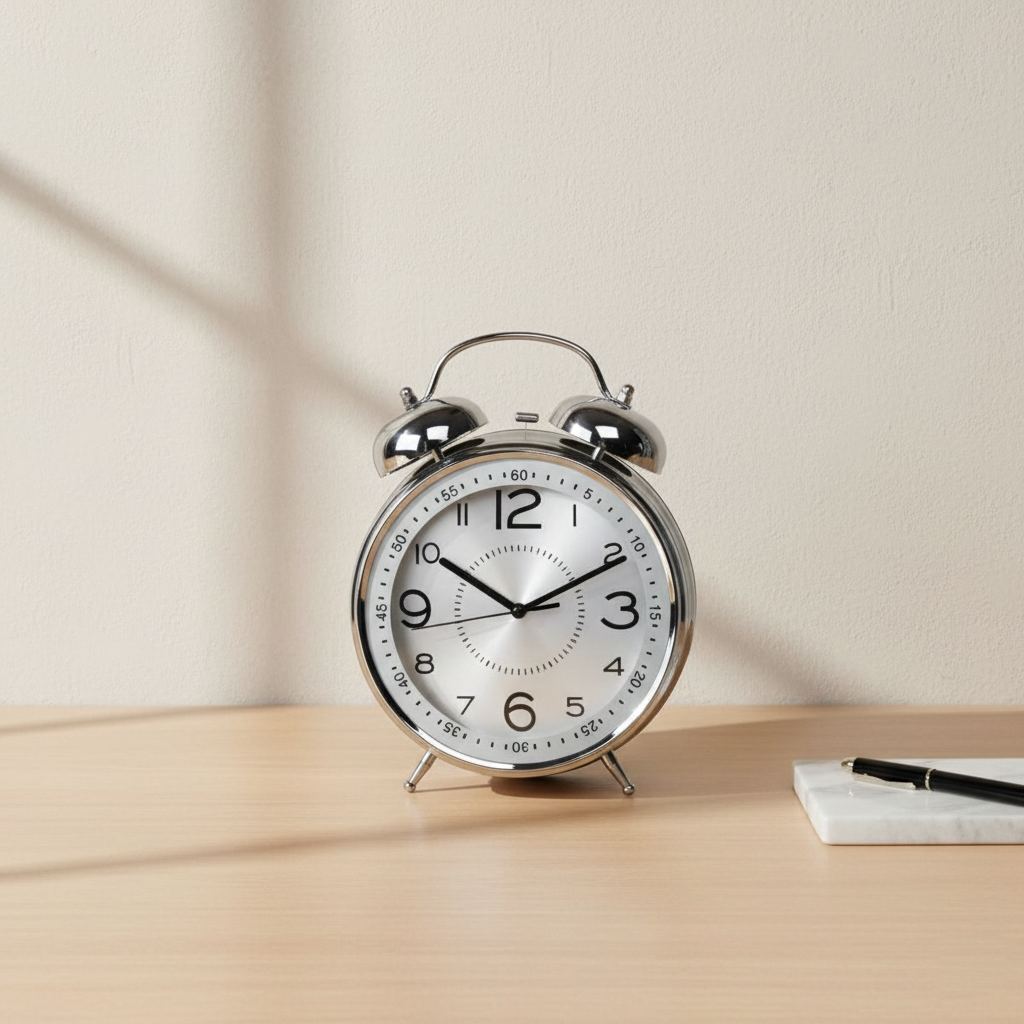 Silver alarm clock on a wooden surface with a neutral background