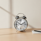 Silver alarm clock on a wooden surface with a neutral background