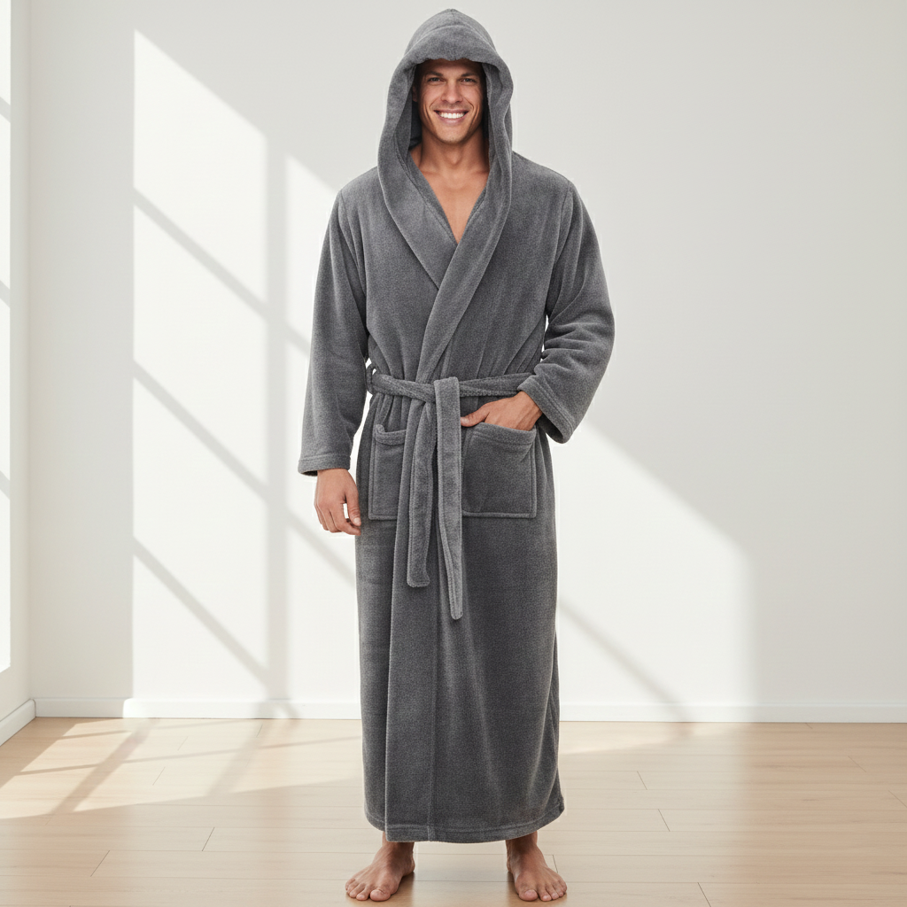 Man wearing a gray hooded robe standing in a bright room with sunlight streaming through a window.