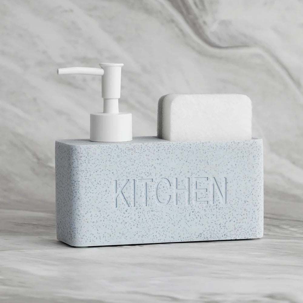 Gray soap dispenser with pump and soap bar on a marble surface