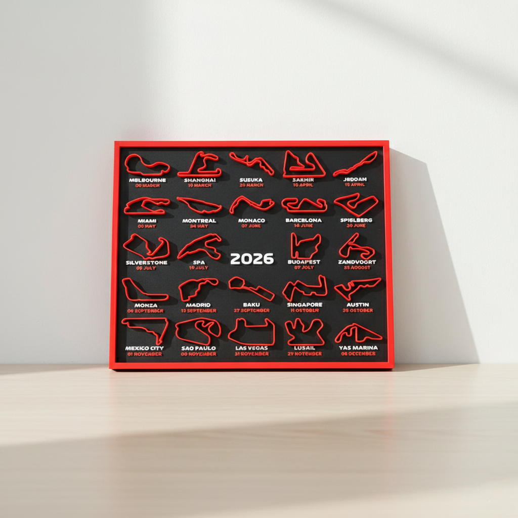 Framed poster with red race track outlines and '2026' text on a black background