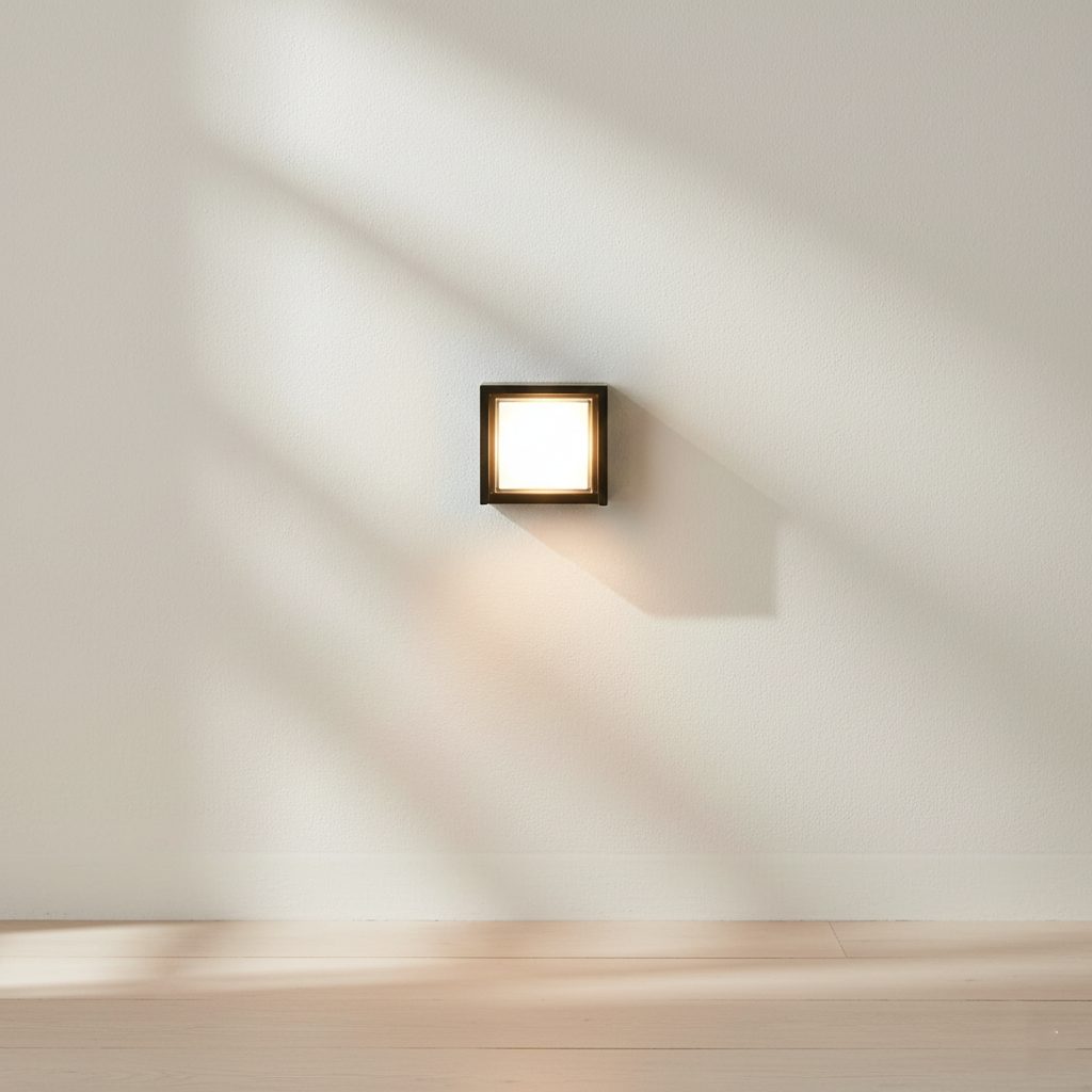 Square wall light fixture on a white wall
