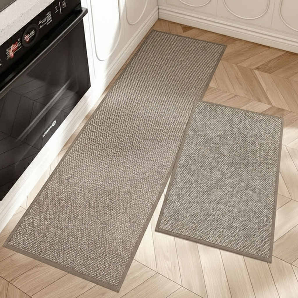 Two gray kitchen mats on a wooden floor next to a black oven.